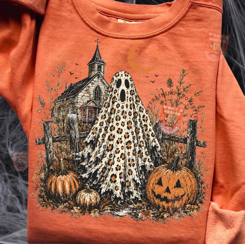 May include: An orange sweatshirt featuring a graphic print of a ghost with a leopard print pattern standing in front of a church and a wooden fence. Two pumpkins are in the foreground, and the text "WHAT A DESIGN" is visible in the upper right corner.