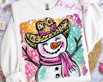 Western Christmas Png, Preppy Hand-drawn Western Snowman Brushstroke PNG, Girly Christmas PNG, Pink Christmas Png, Cowgirl Xmas Design