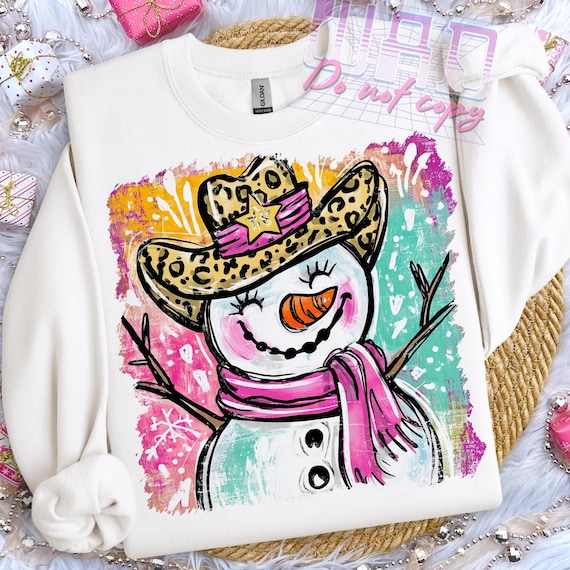 Western Christmas Png, Preppy Hand-drawn Western Snowman Brushstroke PNG, Girly Christmas PNG, Pink Christmas Png, Cowgirl Xmas Design