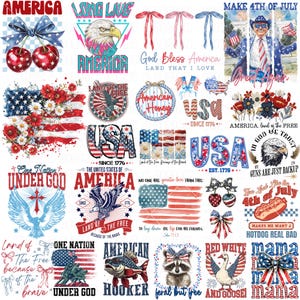 May include: A collection of patriotic designs featuring the American flag, eagles, bows, and text. The designs include the words "America," "USA," and phrases like "Land of the Free." The color palette is red, white, and blue.