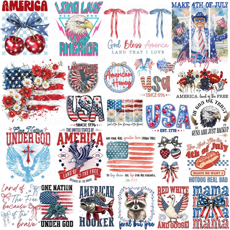 May include: A collection of patriotic designs featuring the American flag, eagles, bows, and text. The designs include the words "America," "USA," and phrases like "Land of the Free." The color palette is red, white, and blue.