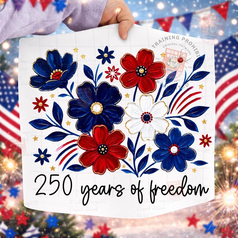 May include: A white print featuring red, white, and blue floral designs with gold accents. The text "250 years of freedom" is written in a script font. The design is held up by a person.