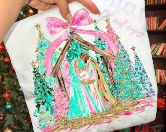 Preppy Painted Christian Nativity Scene PNG Glitter Faith Christmas Sublimation Design Greatest Gift of all PNG Nativity Coquette Png