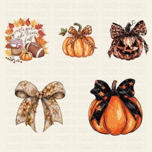 May include: A collection of fall-themed digital designs. Includes a coffee cup, football, pumpkins with bows, and a carved jack-o'-lantern. The text "just a girl who loves fall" is also present. The designs feature orange, brown, and black colors.