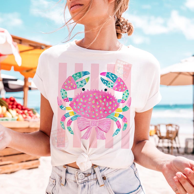 Everyday Summer Crab PNG Digital Design Girly Trendy Kid Design Women Pink Preppy Prep Print Beach Bay Coastal Watercolor Trending Stripes image 7