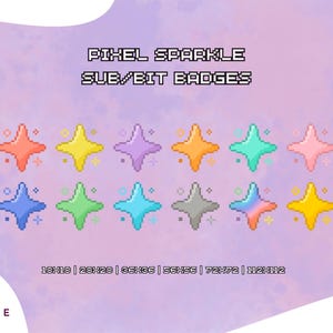 Puede incluir: Un conjunto de 12 insignias de brillo de arte de píxeles en varios colores, incluidos rosa, azul, amarillo, verde y gris. Las insignias están diseñadas para streamers de Twitch y presentan el texto "PIXEL SPARKLE SUB/BIT BADGES" y los tamaños "18H19 | 23H23 | 36H36 | 56H56 | 72H72 | 112H112".