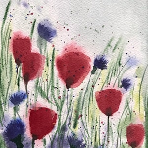 Campo fiorito, flower field, Wall Decor, Watercolor wall art, papaveri e fiordalisi, flowers painting, home decor, violet and red gift