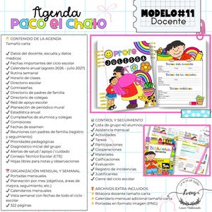 Puede incluir: Agenda de profesor colorida con el texto "Agenda Paco el Chato" y "Modelo #11 Docente". La agenda incluye secciones para datos del profesor, información escolar, un calendario y seguimiento de estudiantes. La portada presenta una ilustración de dibujos animados.
