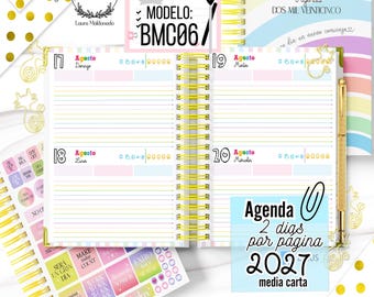 May include: An open spiral-bound planner with yellow wire binding, featuring daily pages for August 17th through 20th. The layout includes lined sections, colorful headers, and icons. A gold pen is attached to the side, accompanied by sticker sheets with various text and patterns.