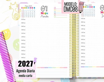 May include: A daily planner with yellow spiral binding featuring a May 2025 calendar, hourly schedule from 7:00 am to 6:00 pm, and a checklist. The page includes the text "MODELO: DMC08" and "2027 Agenda Diaria media carta" with a cat-shaped paperclip.