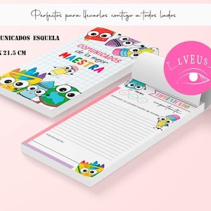 Puede incluir: Dos sets de bloc de notas coloridos con personajes de dibujos animados y el texto "Comunicados de la mejor maestra" y "Comunicado importante". Los blocs de notas miden 28 cm por 55 cm.