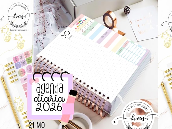 Agenda digital diaria, planificador diario 2026, agenda descargable, planner digital, archivo imprimible pdf, medio oficio