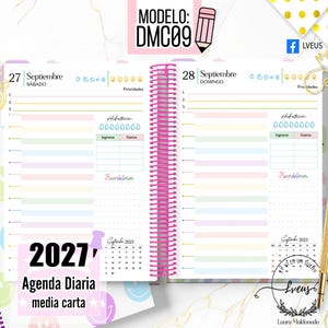 Puede incluir: Una agenda diaria de espiral abierta en el 27 y 28 de septiembre, con líneas de colores pastel, rastreadores de hábitos y un calendario de septiembre de 2025. Incluye el texto 'MODELO: DMC09', '2027' y 'Agenda Diaria media carta'.