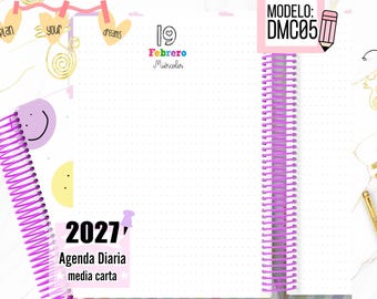 May include: A 2027 daily planner with a purple spiral binding, featuring a dot grid interior page dated February 19th, Wednesday. The page includes the text 'MODELO: DMC05', '2027', 'Agenda Diaria media carta', and 'plan your dreams'.