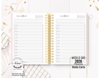 AGENDA 2026 / DIARIA imprimible archivo PDF / Media carta / Agenda español 2026 agenda elegante