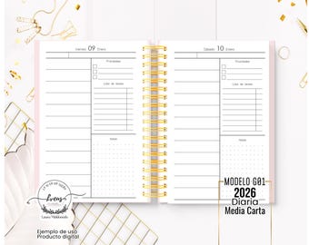 AGENDA 2026 / DIARIA imprimible archivo PDF / Media carta / Agenda español 2026 agenda elegante