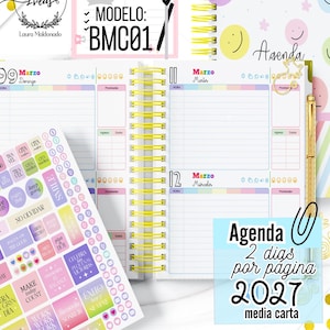 Puede incluir: Una agenda 2027 con espiral amarilla, que muestra páginas diarias del 9 al 12 de marzo con horarios y secciones de seguimiento financiero. El conjunto incluye una hoja de pegatinas coloridas y un bolígrafo de color dorado.