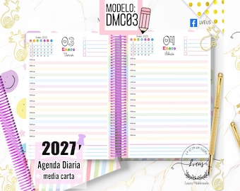 May include: A spiral-bound daily planner open to January 3rd and 4th, 2025, featuring pastel-colored horizontal lines for scheduling. The pages include a small calendar, time slots from 07:00 am to 08:00 pm, and text reading MODELO: DMC03 and 2027 Agenda Diaria media carta.