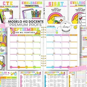 Könnte beinhalten: Ein farbenfroher Lehrerplaner mit dem Text "Modelo #12 Docente Premium Profe" und dem Monat September. Der Planer enthält Kalenderseiten, Notizen und verschiedene Bildungsthemen. Das Design integriert Smileys und Regenbogen-Grafiken.