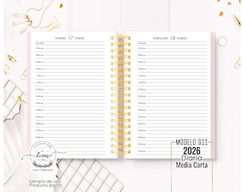AGENDA 2026 / DIARIA imprimible archivo PDF / Media carta / Agenda español 2026 agenda elegante