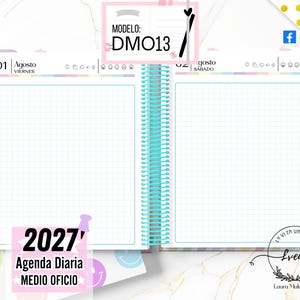 May include: An open 2027 daily planner with a spiral binding, featuring grid-lined pages for August 1st and 2nd. The planner includes headers with dates, days of the week, and weather icons. A gold pen rests on the right side of the open planner.