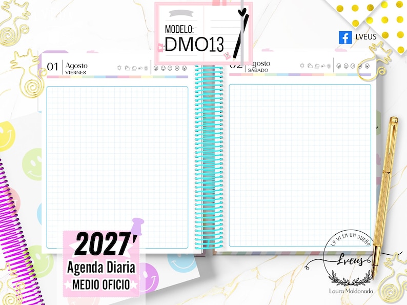 May include: An open 2027 daily planner with a spiral binding, featuring grid-lined pages for August 1st and 2nd. The planner includes headers with dates, days of the week, and weather icons. A gold pen rests on the right side of the open planner.