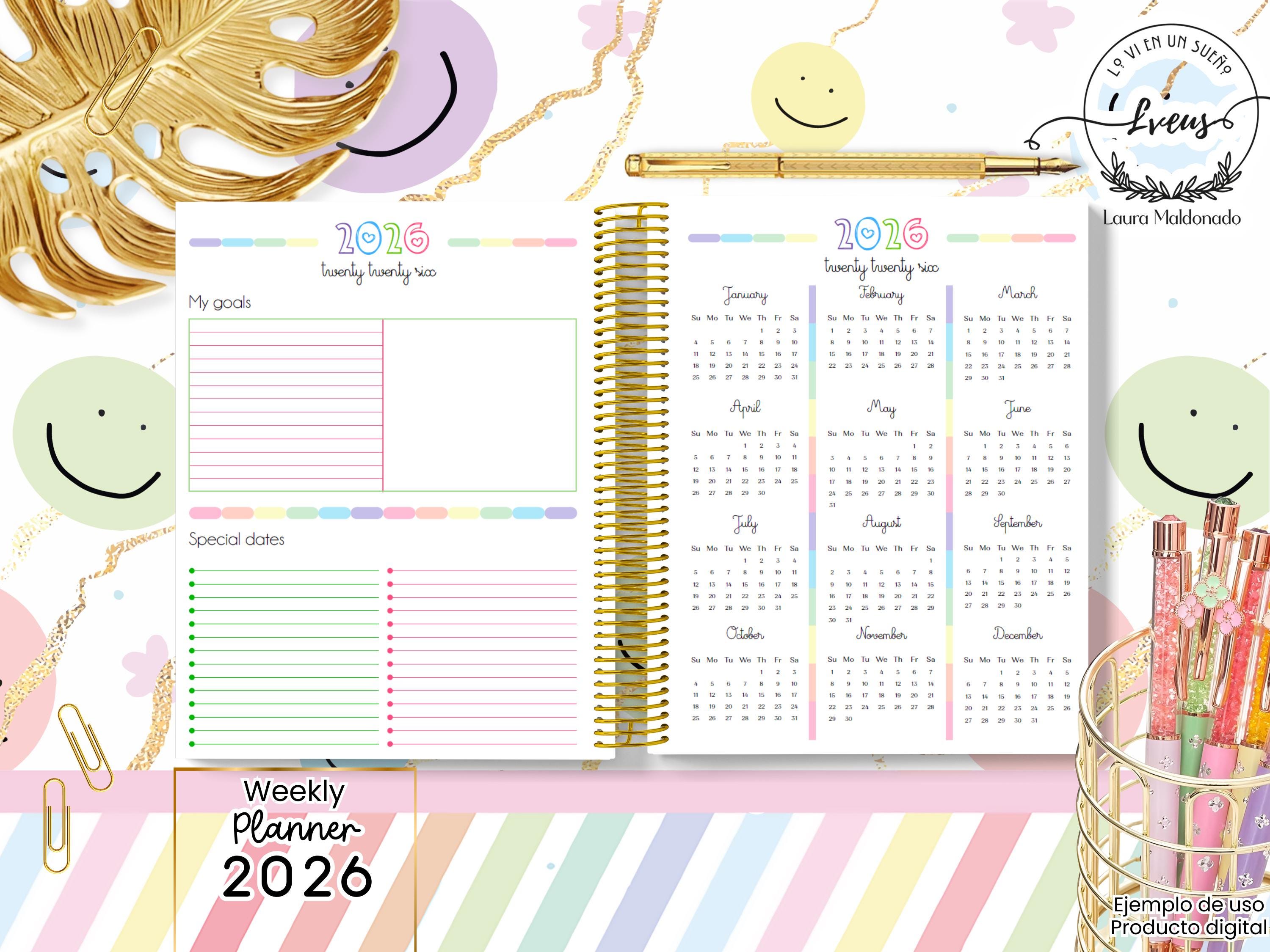 Printable 2026 Weekly Planner in English – Colorful Agenda Template ...