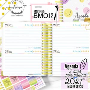 Puede incluir: Una agenda con encuadernación de espiral amarilla y páginas diarias rayadas del 25 al 28 de junio. El diseño incluye iconos de seguimiento, con el texto MODELO: BMO12, Agenda dos mil veinticuatro y Agenda 2 dias por página 2027.
