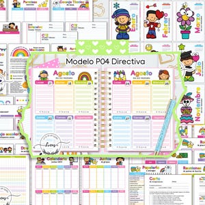 Puede incluir: Una colección de artículos de papelería escolar coloridos, incluyendo una agenda con el texto "Modelo P04 Directiva" y un bolígrafo. La agenda está abierta a una semana del mes de agosto. Otros artículos incluyen gráficos y calendarios.
