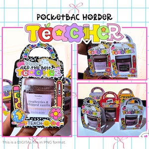Puede incluir: Un colorido soporte para Pocketbac con la palabra "Teacher" en una fuente lúdica. El soporte presenta un tarro de frambuesas y vainilla batida, y el texto "You are the best teacher". La imagen es un archivo digital en formato PNG.