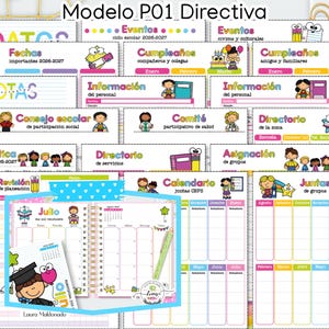 May include: A set of brightly coloured planner pages with headings such as "Events," "Notes," and "Calendar." The pages are decorated with illustrations of children and school-themed icons. The text includes "Modelo P01 Directiva" and "Laura Maldonado."