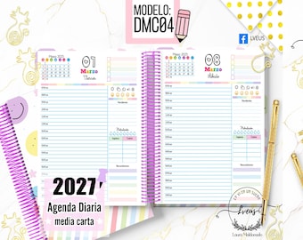 May include: A spiral-bound daily planner open to March 7th and 8th, 2025, featuring hourly schedules, weather icons, water intake trackers, and financial sections. The pages include colorful headers, a small calendar, and the text MODELO: DMC04.