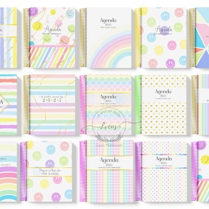 K&ouml;nnte beinhalten: Eine Sammlung von spiralgebundenen Agenden in Pastellfarben. Jede Agenda weist einzigartige Designs auf, darunter Streifen, Smiley-Gesichter, Regenbogen und geometrische Muster. Die Umschl&auml;ge zeigen das Wort "Agenda" und das Jahr "2025".