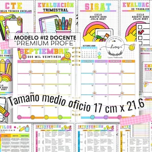 May include: A teacher planner titled "MODELO #12 DOCENTE PREMIUM PROFE" featuring a monthly calendar for September, colorful graphics of school supplies, smiley faces, and rainbows. The planner measures 17 cm x 21.6 cm and includes various educational tracking pages.