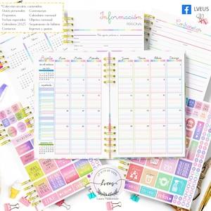 K&ouml;nnte beinhalten: Ein Spiralplaner mit Regenbogen-Design. Der Planer enth&auml;lt Abschnitte f&uuml;r pers&ouml;nliche Informationen, Passw&ouml;rter und Monatskalender. Dekorative Aufkleber und ein Kalender f&uuml;r 2025 sind ebenfalls sichtbar. Der Planer dient zur Organisation von Aufgaben und Zielen.