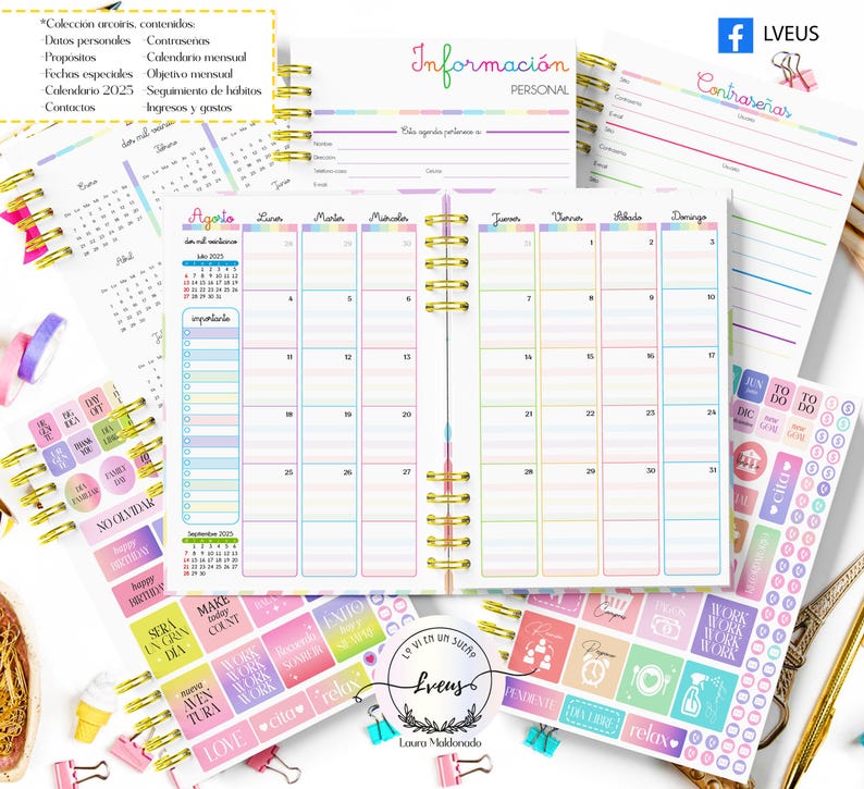K&ouml;nnte beinhalten: Ein Spiralplaner mit Regenbogen-Design. Der Planer enth&auml;lt Abschnitte f&uuml;r pers&ouml;nliche Informationen, Passw&ouml;rter und Monatskalender. Dekorative Aufkleber und ein Kalender f&uuml;r 2025 sind ebenfalls sichtbar. Der Planer dient zur Organisation von Aufgaben und Zielen.