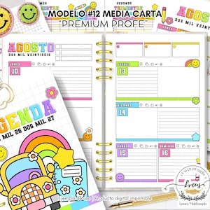 May include: A spiral-bound planner with colourful, handwritten text and illustrations. The cover reads "AGENDA DOS MIL 26 DOS MIL 27" with a rainbow and school bus graphic. Inside, the pages are divided by days of the week, with the month of August highlighted.