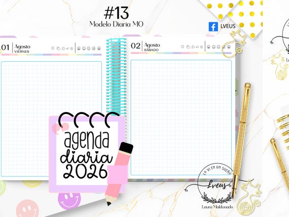 Agenda digital diaria, planificador diario 2026, agenda descargable, planner digital, archivo imprimible pdf, medio oficio