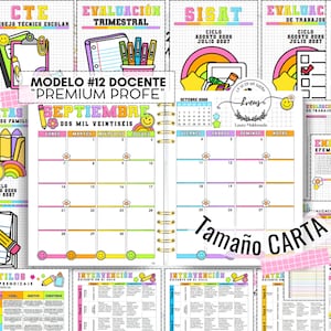Puede incluir: Una agenda digital para docentes titulada Modelo #12 Docente Premium Profe, que incluye un calendario de septiembre, gráficos coloridos de útiles escolares, caras sonrientes y arcoíris. El diseño presenta varias páginas de planificación, tablas y gráficos con texto en español, adaptado para tamaño carta.