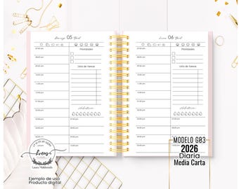 AGENDA 2026 / DIARIA imprimible archivo PDF / Media carta / Agenda español 2026 agenda elegante