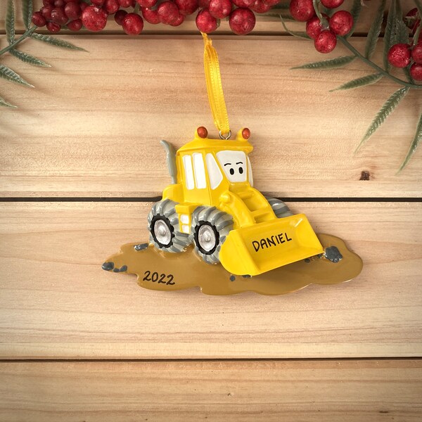 Yellow Bulldozer Personalized Ornament, Gift for Son or Grandson, Keepsake Ornament by Ever&Green