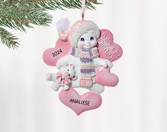 Baby's First Christmas Personalized Ornaments, Snowman with Hearts, New Baby Girl, Custom Snowman Holiday Ornament, Granddaughter Mom Gift
