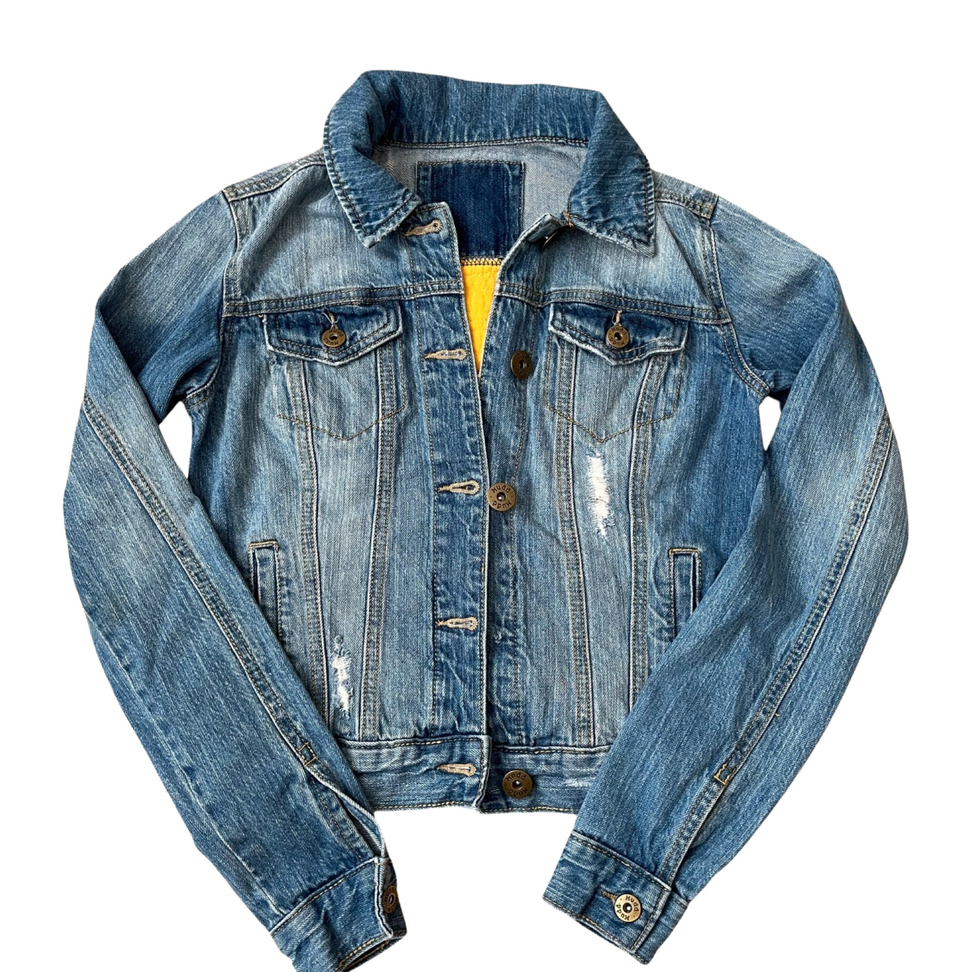 XS Girl's, Gold Medallion Jean Jacket, Upcycled Jean Jacket
