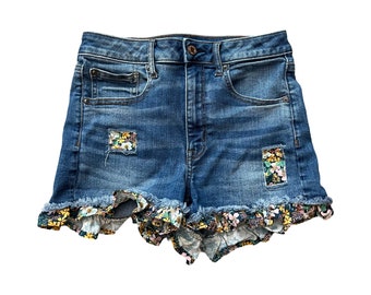 Size 6, Womens Ruffle Trim Cutoffs , Upcycled Denim