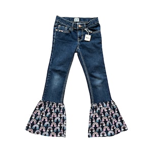 Girl&#39;s Rainbow Navy Ruffle Flare, Upcycled Skinny Jeans