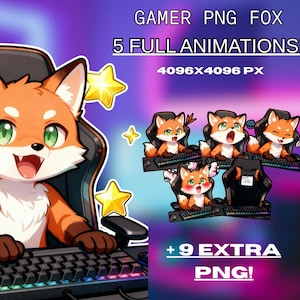 以下が含まれることがあります： ゲームチェアに座っている、オレンジ色の毛皮と緑色の目を持つ漫画のキツネのデジタルイラスト。画像には「GAMER PNG FOX」と「5 FULL ANIMATIONS！」というテキストと、追加のPNGファイルが含まれています。