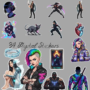 Könnte beinhalten: Eine Sammlung von 34 digitalen Aufklebern mit verschiedenen Illustrationen. Die Aufkleber zeigen futuristische Figuren, eine schwarze Katze, ein menschliches Herz, eine Tarotkarte und eine Frau mit Regenbogenhaar. Der Text "Protect the Dolls" ist auf einem Aufkleber zu sehen.