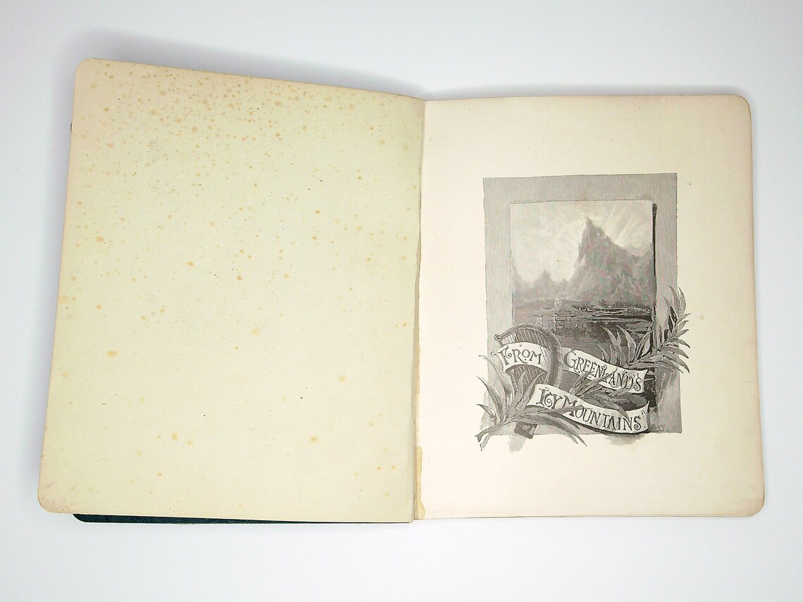 From Greenland's Icy Mountains by Reginald Heber (1884 First Edition) Antique Vintage Book, Religious Christian Poem, Blue Decorative Cover, foto 3 de 5