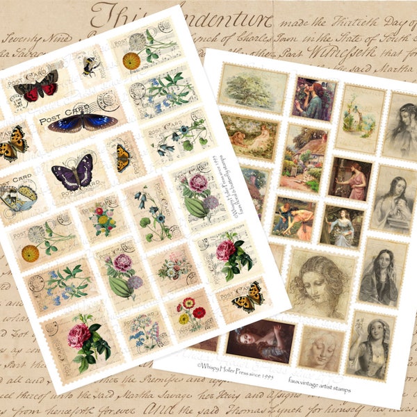 Faux Postage Stamps Printable, Digital Download, Ephemera, Junk Journal, Altered Book, Scrapbook, Embellishment, Collage, Journal