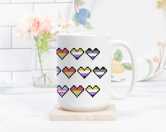 LGBTQ+ Pixel Heart Pride-koffiemok - leuke mok, Pride Month-cadeau, regenboog, 15 oz -
